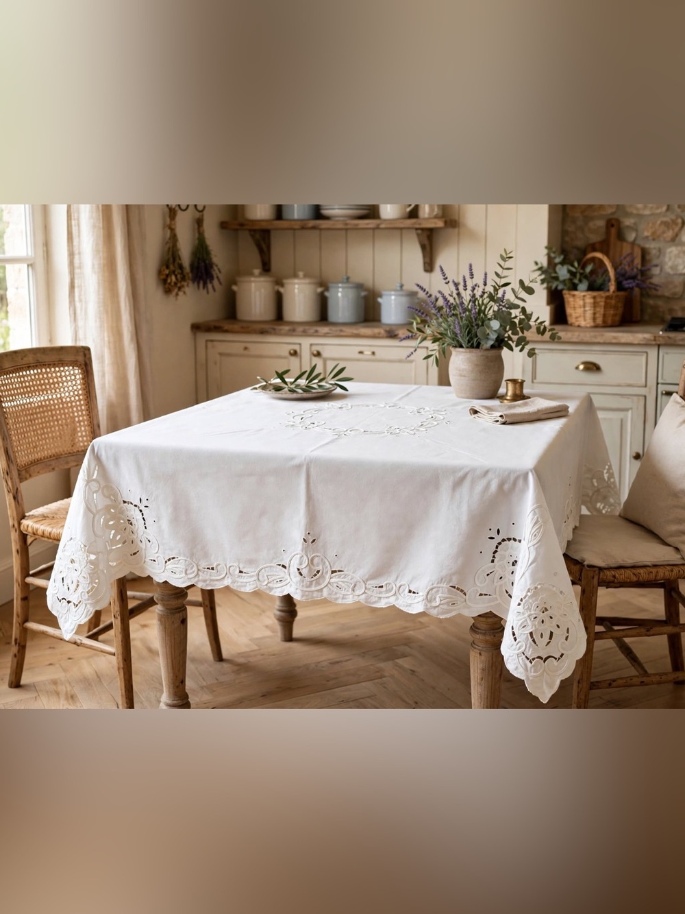 Vintage White 100% Cotton Cutwork Embroidered Tablecloth 39.5”x41.5” square